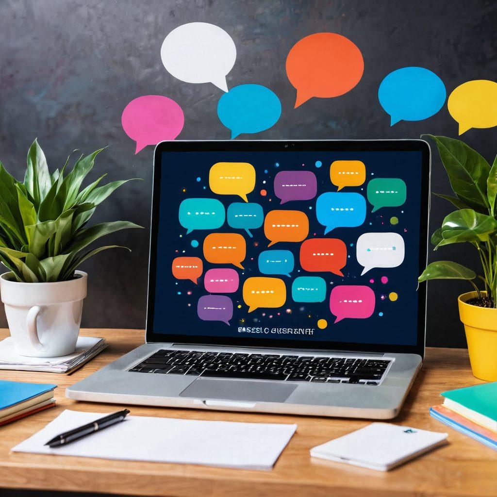 A dynamic workspace showcasing a laptop displaying an engaging email newsletter surrounded by colorful chat bubbles representing blog interactivity. Include elements like a cup of coffee, plants, and a bright notepad scattered with ideas. Capture the synergy of digital communication in a vibrant and inviting atmosphere. super-realistic. vibrant colors. cozy background.
