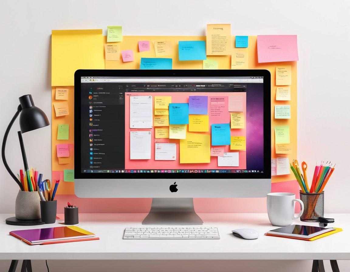 A vibrant digital workspace featuring a computer with a glowing screen displaying an interactive blog layout and colorful email notifications. Surrounding elements like sticky notes, a coffee cup, and pens create an inspired atmosphere. Visual metaphors for communication, like speech bubbles and digital icons, float around. Lively colors and dynamic lines convey creativity and energy. super-realistic. vibrant colors. white background.